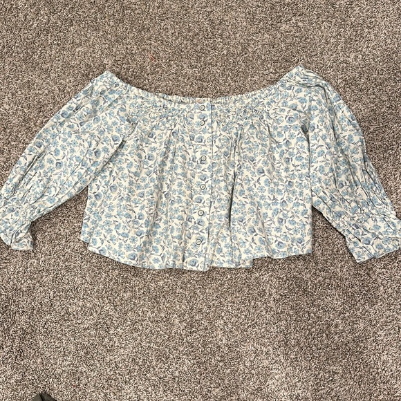 🍀 Free People James Smock Cropped Light Blue Floral Top - Picture 3 of 5